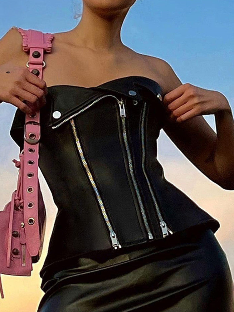 Fashion Black Leather Punk Top Goth PU Crop Zipper