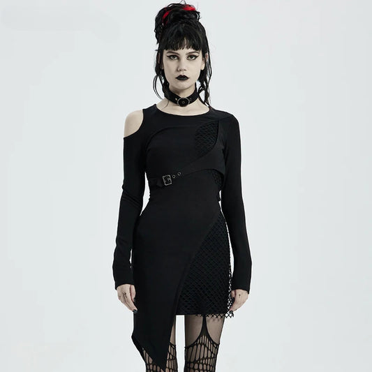 Long Sleeve Collar Removable Shoulder Hollow Elastic Knitted Stitching Diamond Mesh Metal Gothic Dress