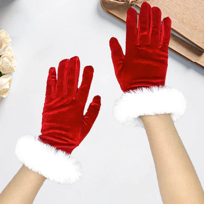 Red Gold Velvet White Plush Full Finger Christmas Party Costume Glove