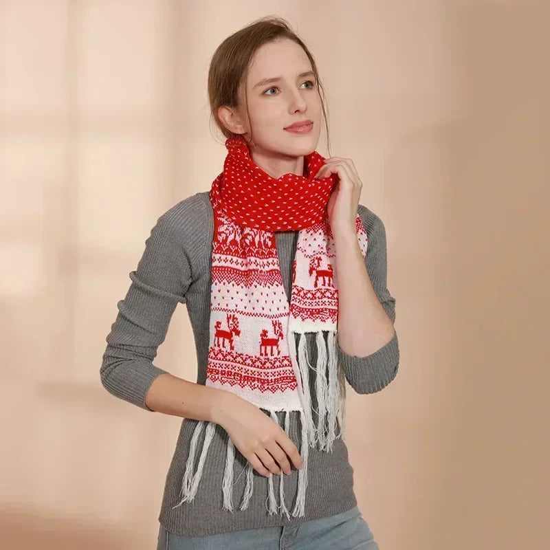 Red Cartoon Reindeer Snowflake Warm Scarf for Christmas