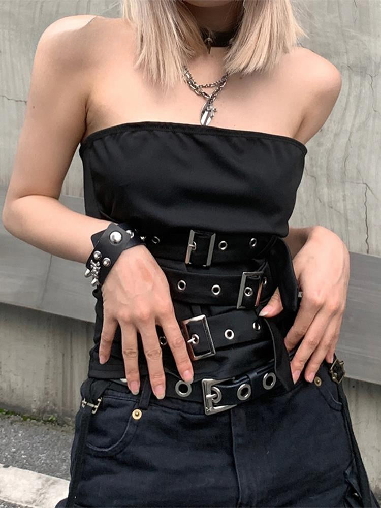 Punk Crop Top Gothic Black Design Bandage Eyelet Sleeveless