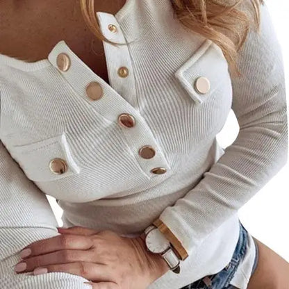 Fashion Sexy Solid Color Button-s Ribbed Low-cut Blouse