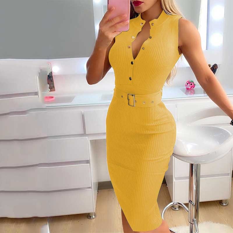 Amy Fashion - Round Neck Button Sleeveless Belt Casual Midi Dress