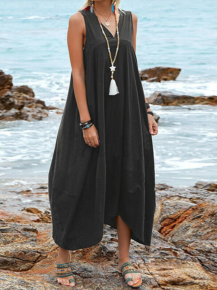 Amy Fashion - Casual Solid Sleeveless V-Neck Long Dress