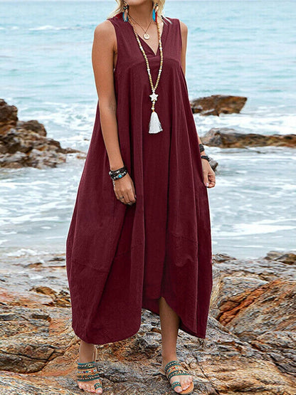 Amy Fashion - Casual Solid Sleeveless V-Neck Long Dress