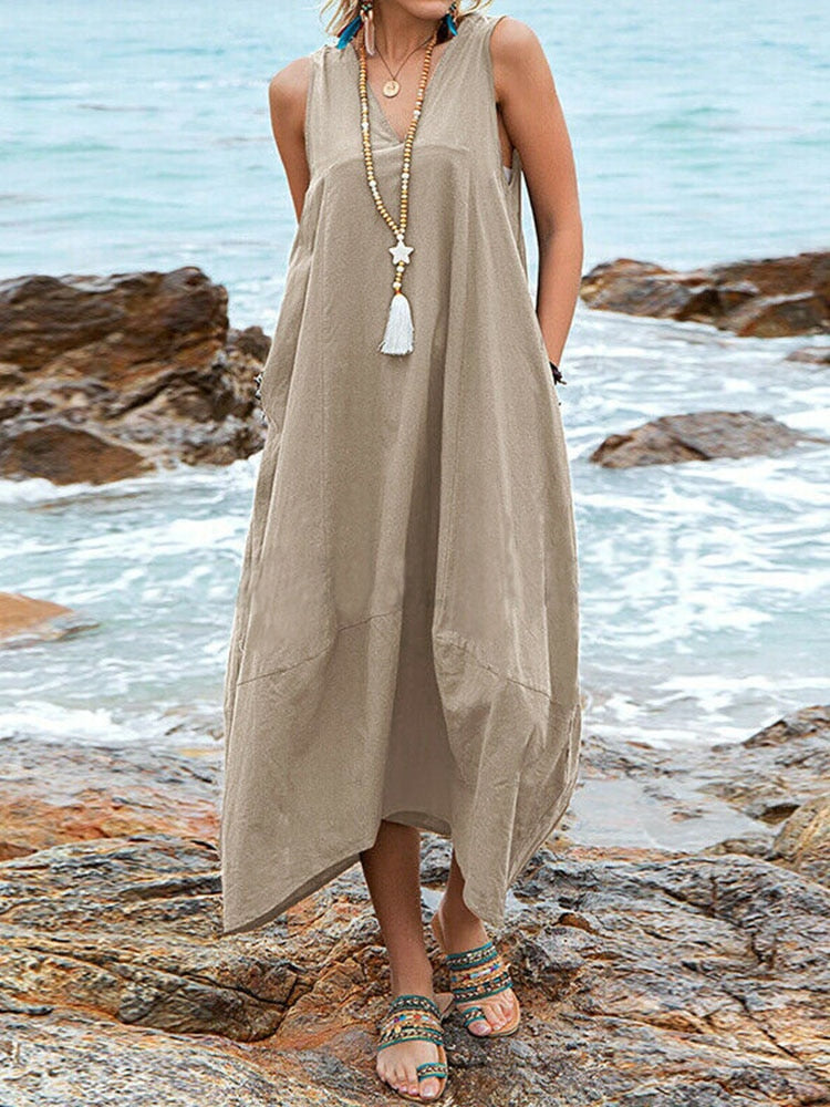 Amy Fashion - Casual Solid Sleeveless V-Neck Long Dress