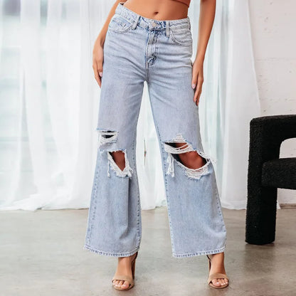 Amy Fashion - Fall High Waist Ripped New Blue Streetwear Casual Wide Leg Baggy Trendy Fashionable Denim Jean