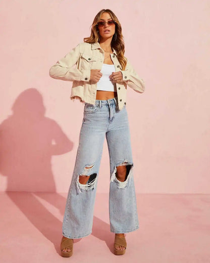 Amy Fashion - Fall High Waist Ripped New Blue Streetwear Casual Wide Leg Baggy Trendy Fashionable Denim Jean