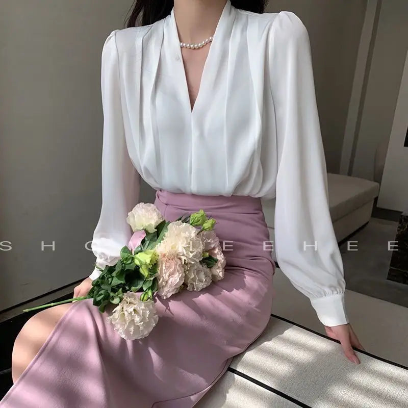 Temperament Pleated Solid Color V-neck Femme Fashion Buttons Blouse