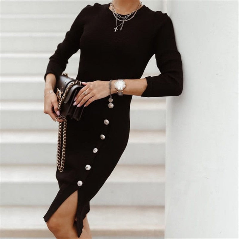 Amy Fashion - Sexy Bodycon Slit Knitted Long Sleeve High Waist Dress