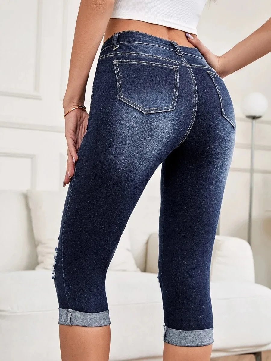 Amy Fashion - Summer New Skinny Stretch Ripped Calf-Length Casual Female Fashion Jean