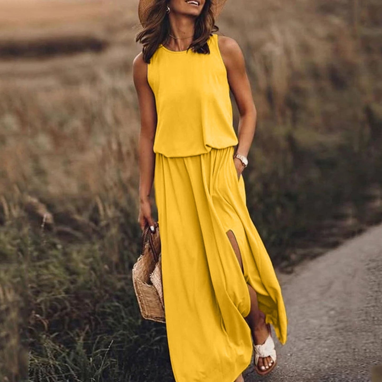 Amy Fashion - Casual Solid Round Neck Beach Dress Sleeveless Slit Dress