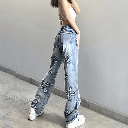 Amy Fashion - 2024 Women Letter Patch Wide Leg Blue High Waist Personality Baggy Streetwear Y2K Fashion Cotton Denim Jean