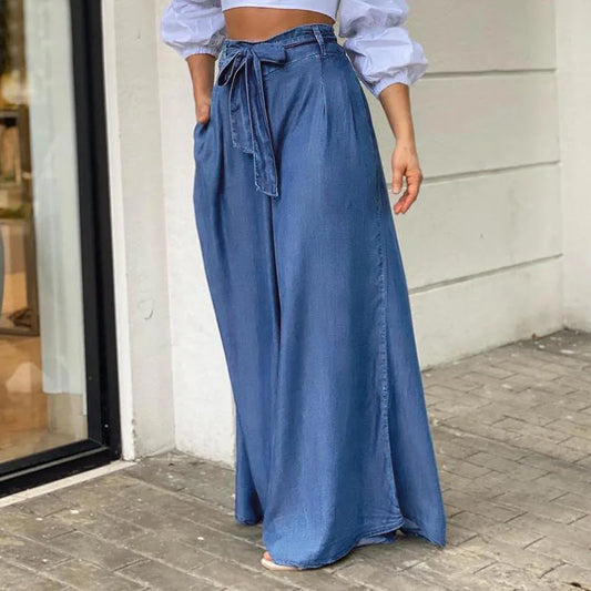 Amy Fashion - 2024 Women Long High Waist Fashion Belted Casual Loose Solid Streetwear Skirt Jean