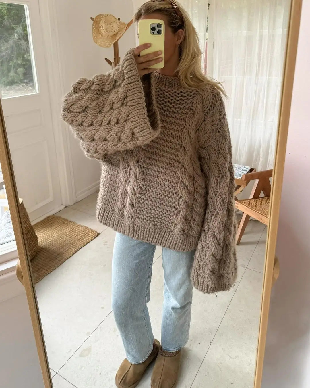 2024 Autumn Winter Oversize Knit Pullover Women Casual Lazy Round Neck Sweater