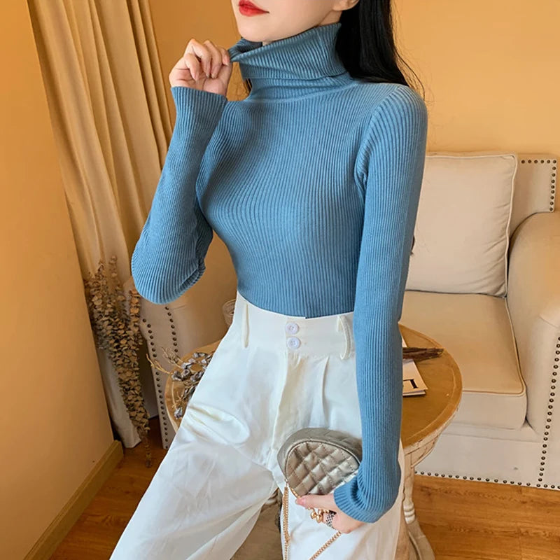 2024 Autumn Winter Women Long Sleeve Knitted Foldover Ribbed Pull Soft Warm Sweater