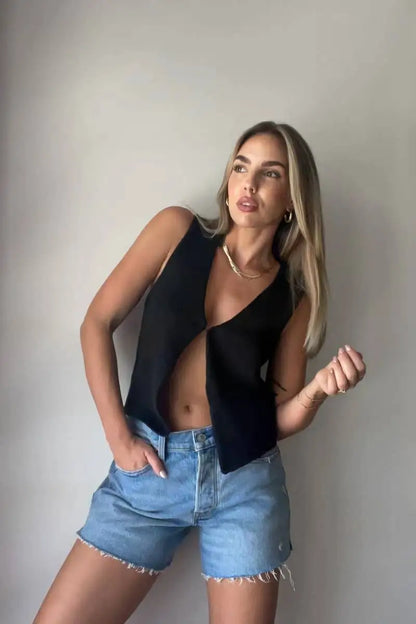 Deep V Sexy Summer New Sleeveless Knitted Simple Street Crop Top