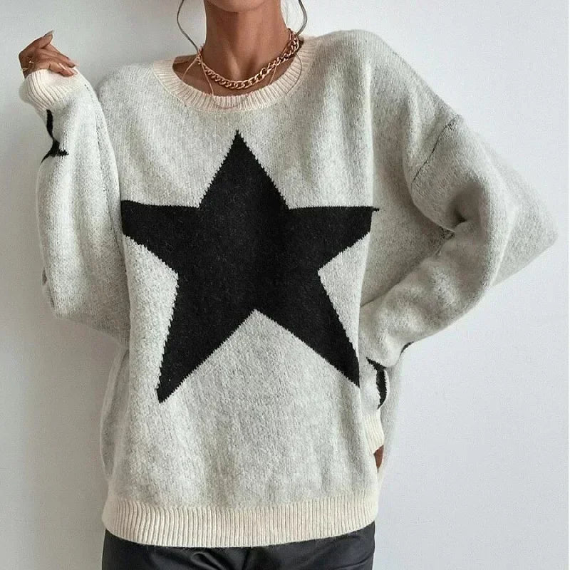 Knitted Loose Casual O-neck Star Thick Elegant Winter Sweater