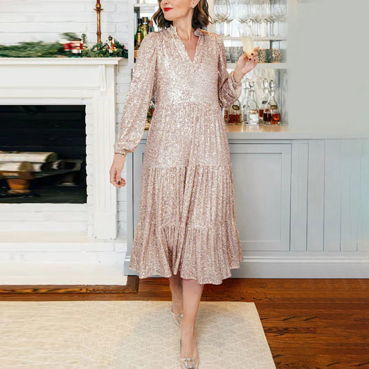 Champagne Sequin Loose V-Neck Long Sleeve Pleated Midi Elegant A-Line Banquet Party Dress