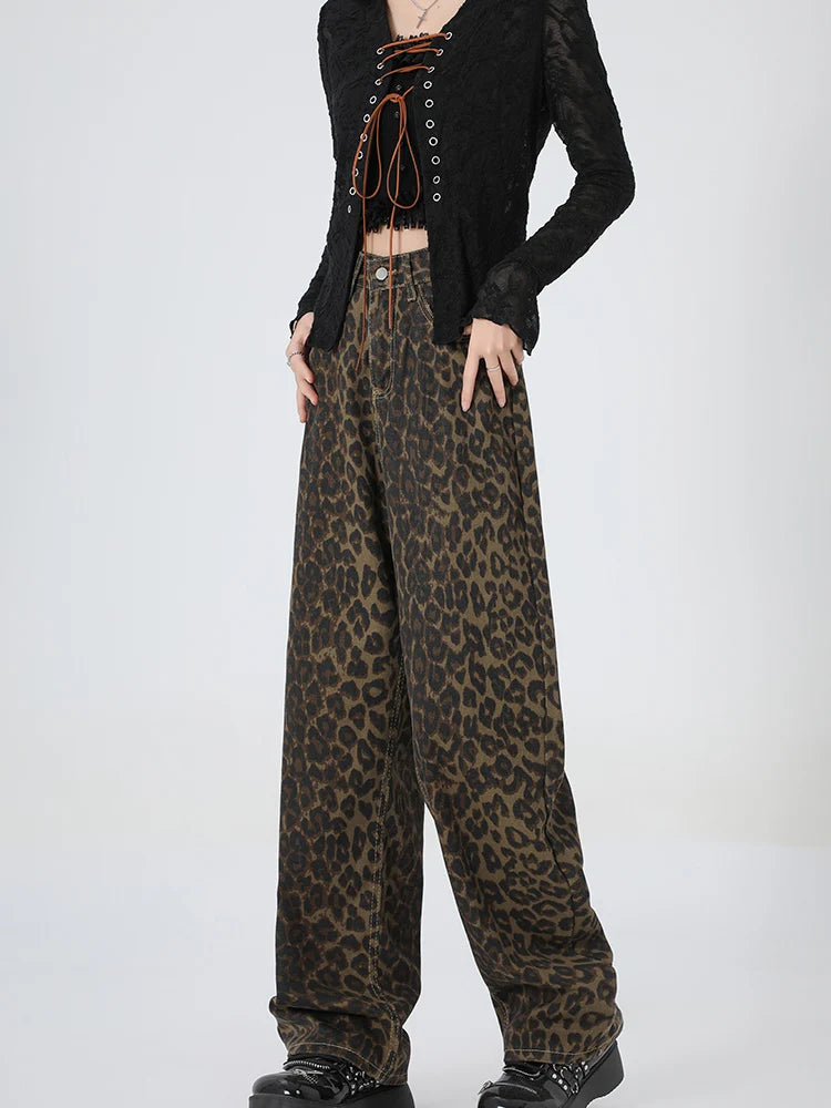 Amy Fashion - 2024 New Leopard Print Wide Leg Women High Waisted Fashion Streetwear Retro Y2K Denim Baggy Casual Straight Jean