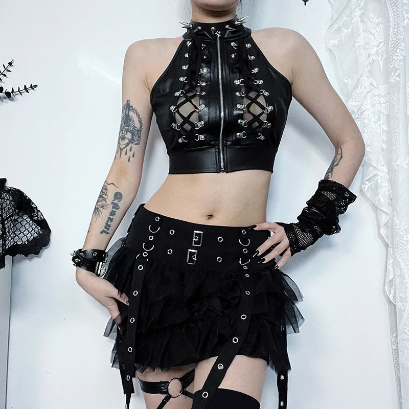 Out Gothic Y2k Sexy Hollowed Crop Top Bandage Lace Up