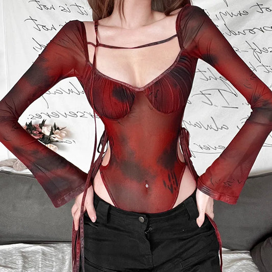 Red Spot Print Distinctive High Street Tight Sexy Cool Women Spring Jumpsuit Crop Top