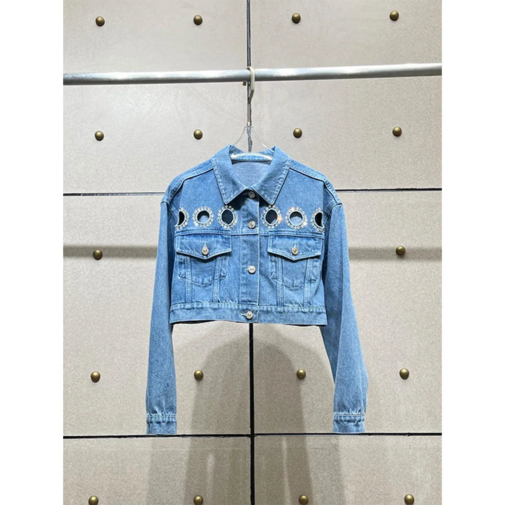 Spring Autumn Crystal Hollowing Short Section Fashion Tops Female Jacket