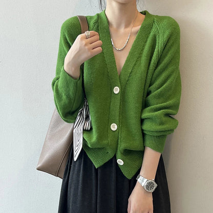 Green V-Neck Knitted Cape Sweater for Women - Single Button Closure