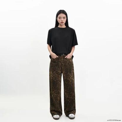 Leopard Print Retro Straight Tube Baggy Fashion Y2K New Winter Jeans