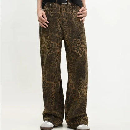 Leopard Print Retro Straight Tube Baggy Fashion Y2K New Winter Jeans