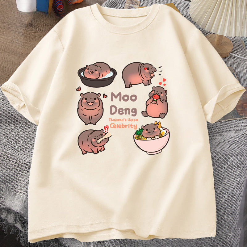 Vintage Cotton Funny Bouncy Pig Thailand Baby Hippo Zoo Men Short Sleeve T-Shirt Moo Deng