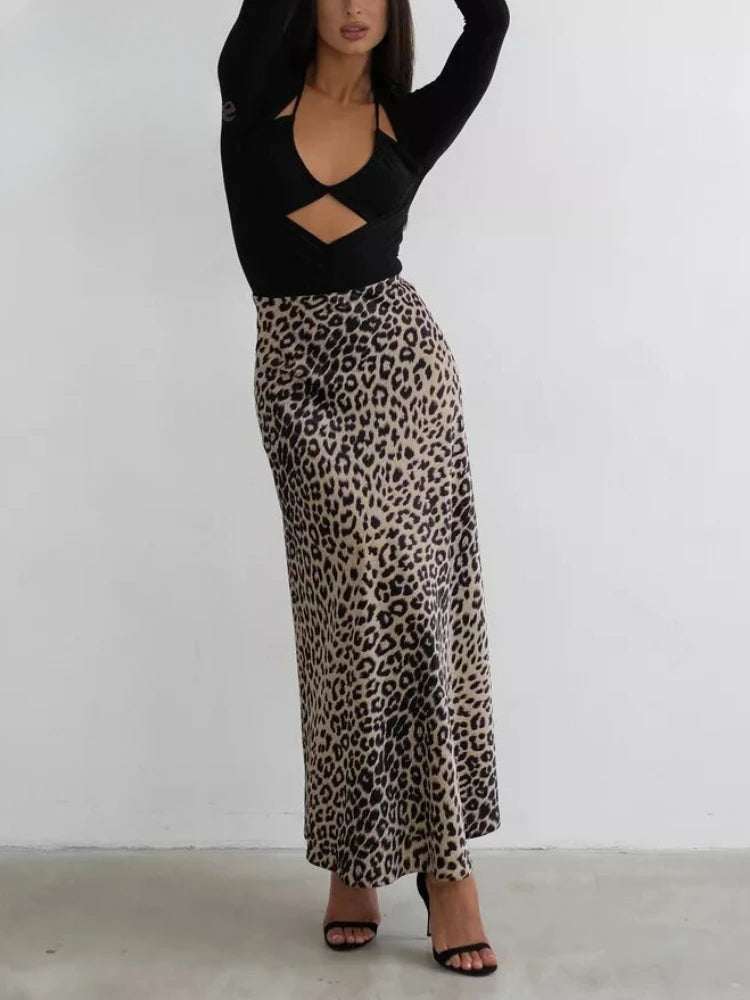 Leopard Printed Long Summer Elegant High Waist Satin Silk A-Line Skirt