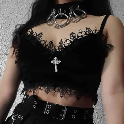 Crop Top Bandage Sleeveless Velvet Lace Gothic