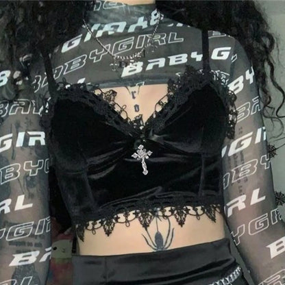 Crop Top Bandage Sleeveless Velvet Lace Gothic