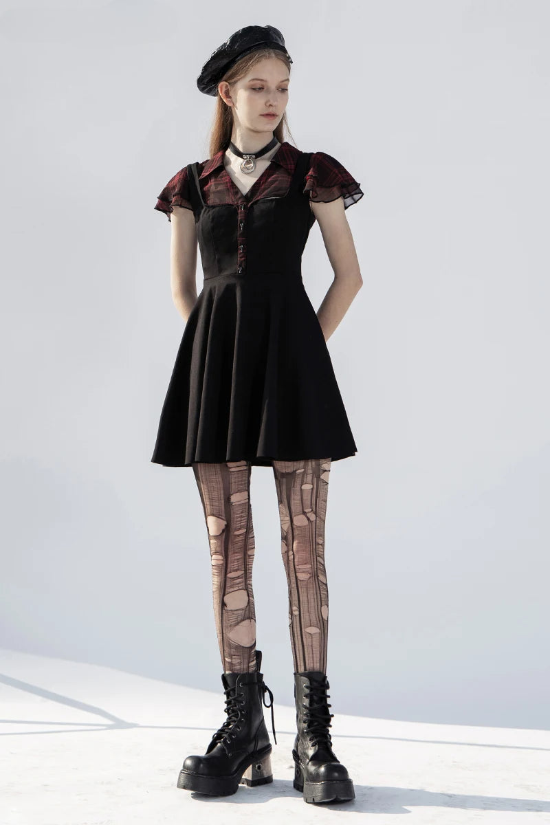 Falbala Short Sleeves A-line Rivets Ruffle V-neck Sexy Plaid Splicing Gothic Dress