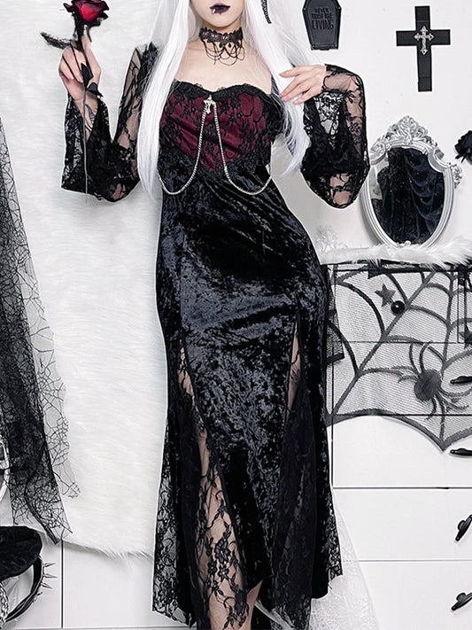 Slit Maxi High Long Gothic Dress Lace Chain Party Velvet Tube Patchwork Bodycon