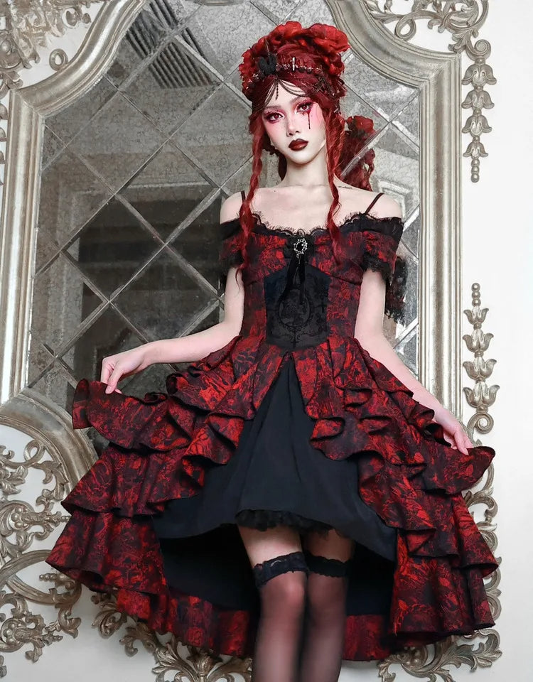 High-Waist Party Style Court Dark Gothic Off-Shoulder Wave Japanese Black Dress Lolita Red Autumn Halloween