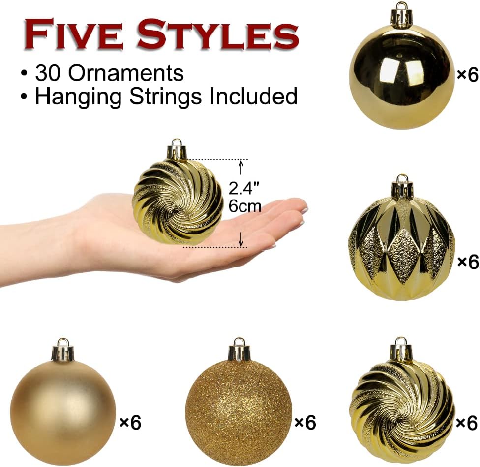 Shatterproof Gold Christmas Ball Ornaments - Set of 30