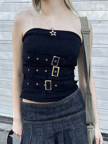 Retro Crop Streetwear Black Gothic Punk Corset Top Buckle Grunge Bandage Y2K