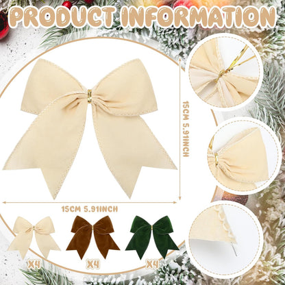 Christmas Velvet Bows - Milky White/Brown/Green (12 Pcs)