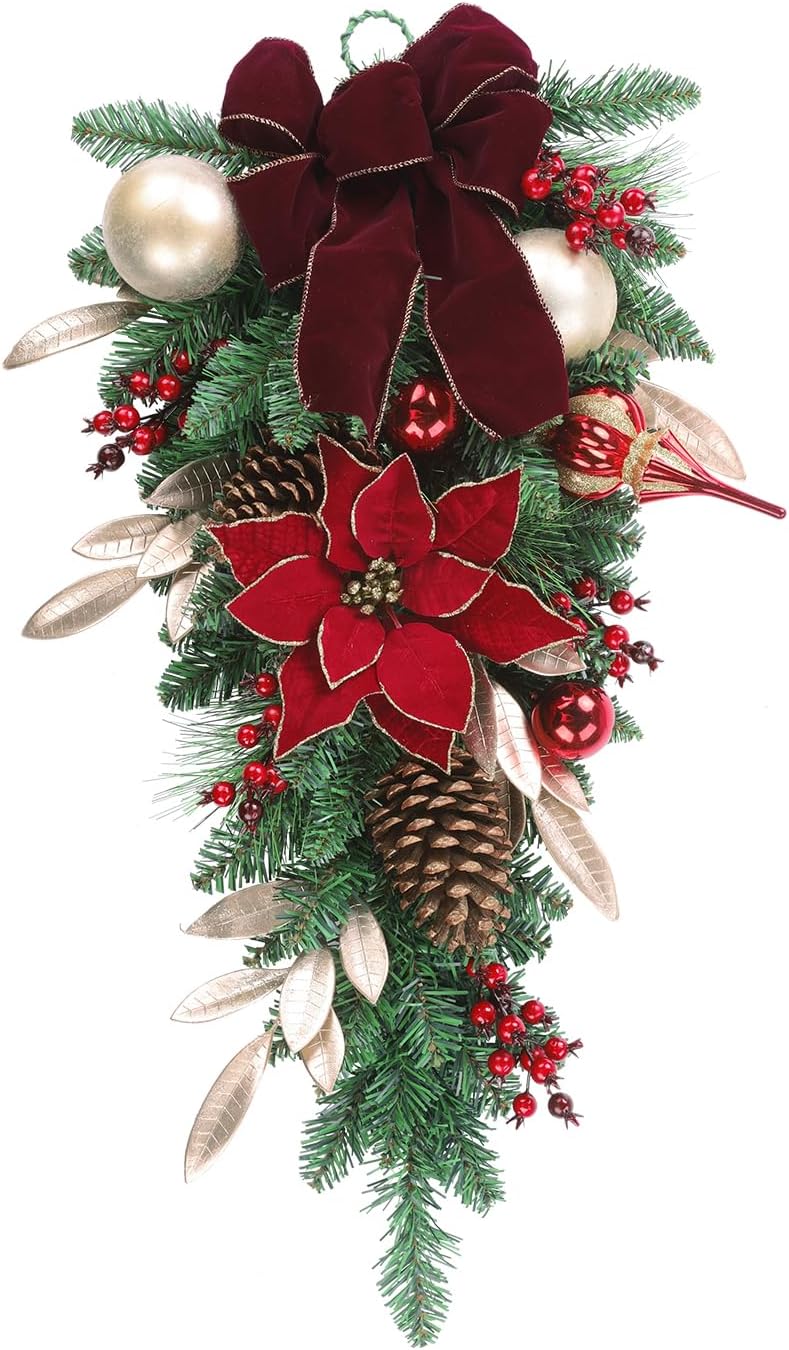 Artificial Red Poinsettia with Pine Cones and Berries - Christmas Swag for Front Door