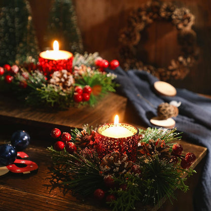 Set of 2 Glass Votive Candle Holders with Snowy Pinecone Berry Christmas Candle Rings Decoration