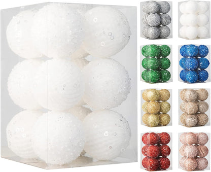 White Glitter Sequin Foam Ball Ornaments - Pack of 12