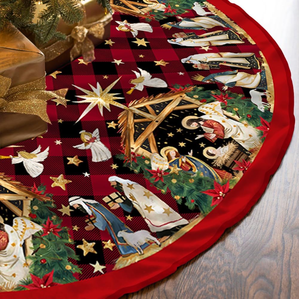 48 Inch Jesus Nativity Holy Night Christmas Tree Skirt Collar - Red Buffalo Plaid