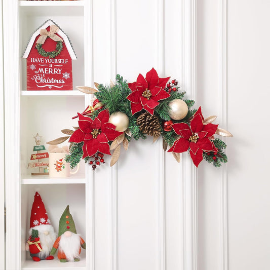 Artificial Red Poinsettia with Pine Cones and Berries - Christmas Swag for Front Door