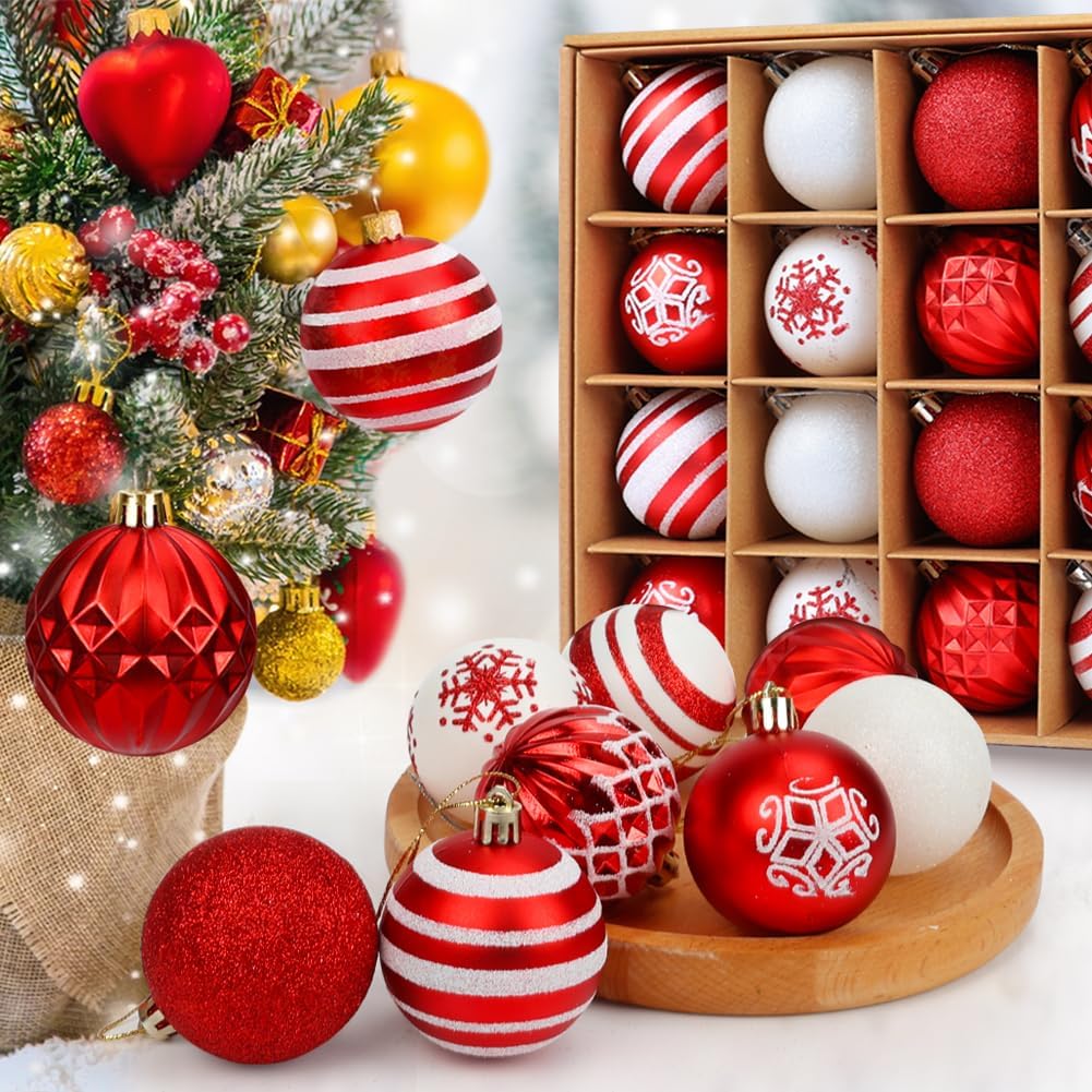 Red and White Christmas Ball Ornaments - 16 Piece Set