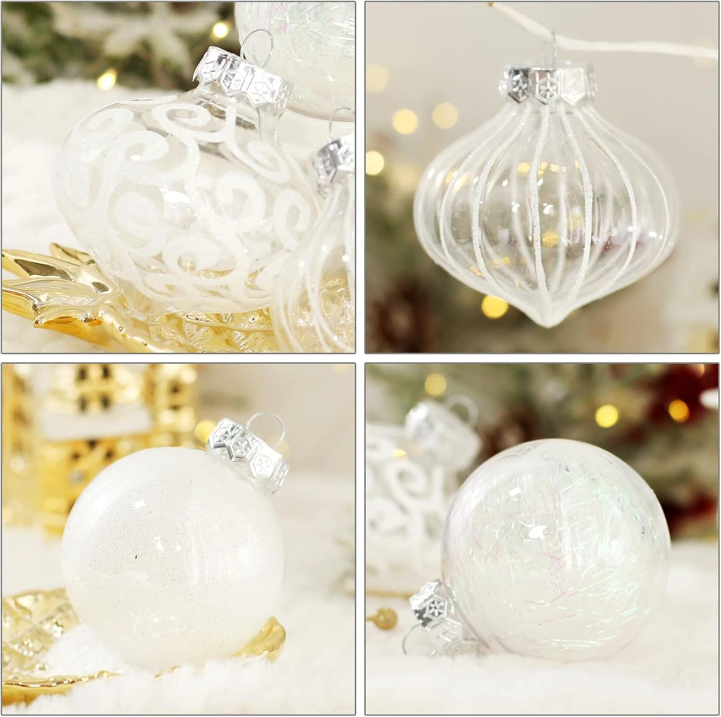 24ct Clear White Plastic Shatterproof Christmas Ornaments Set with Delicate Stuffed Decorations