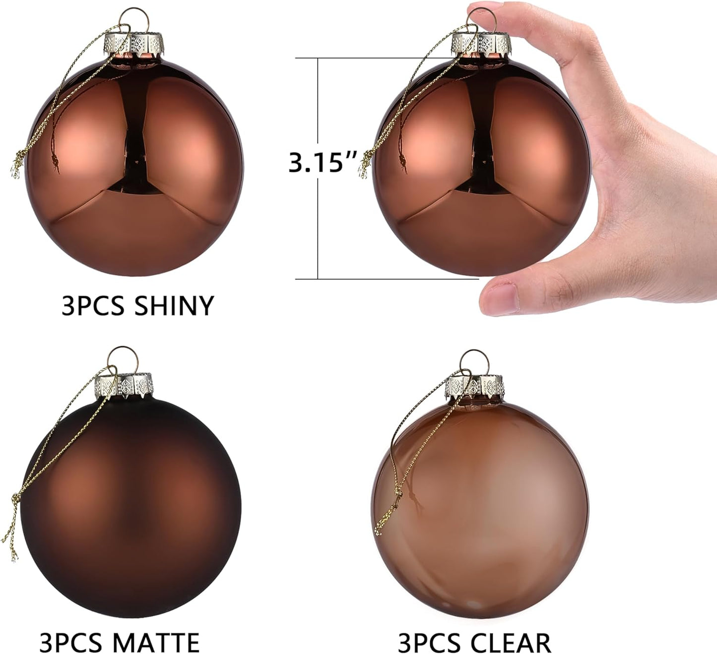 Set of 9 Brown Glass Christmas Ball Ornaments with Various Finishes