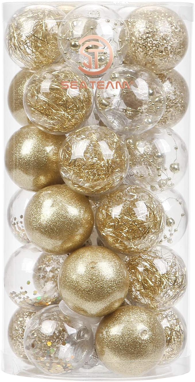 24 Count Shatterproof Clear Plastic Christmas Ball Ornaments with Gold Decorations