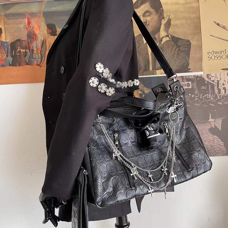 Y2K Chain Bag Gothic Cross Leather Large Capacity Printing Punk Skulls